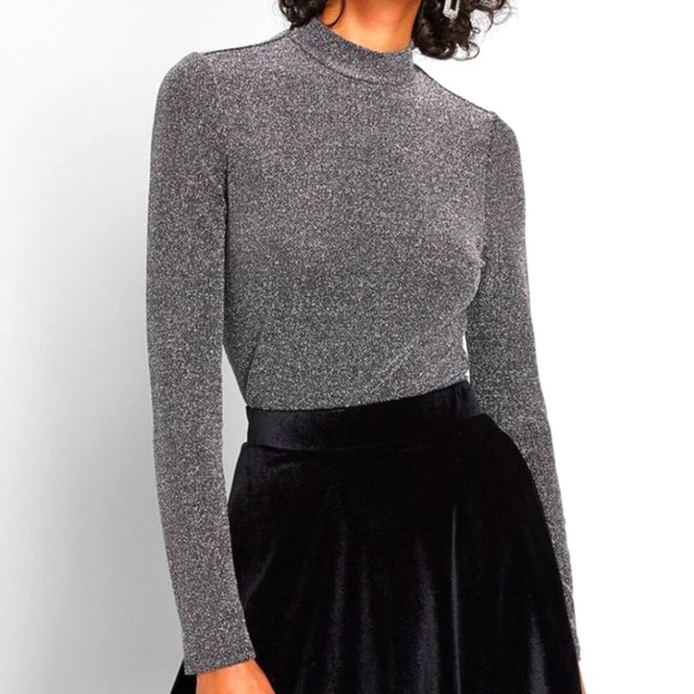 Modcloth Sparkle Occasion Mock Neck Top XXS Long Sleeve